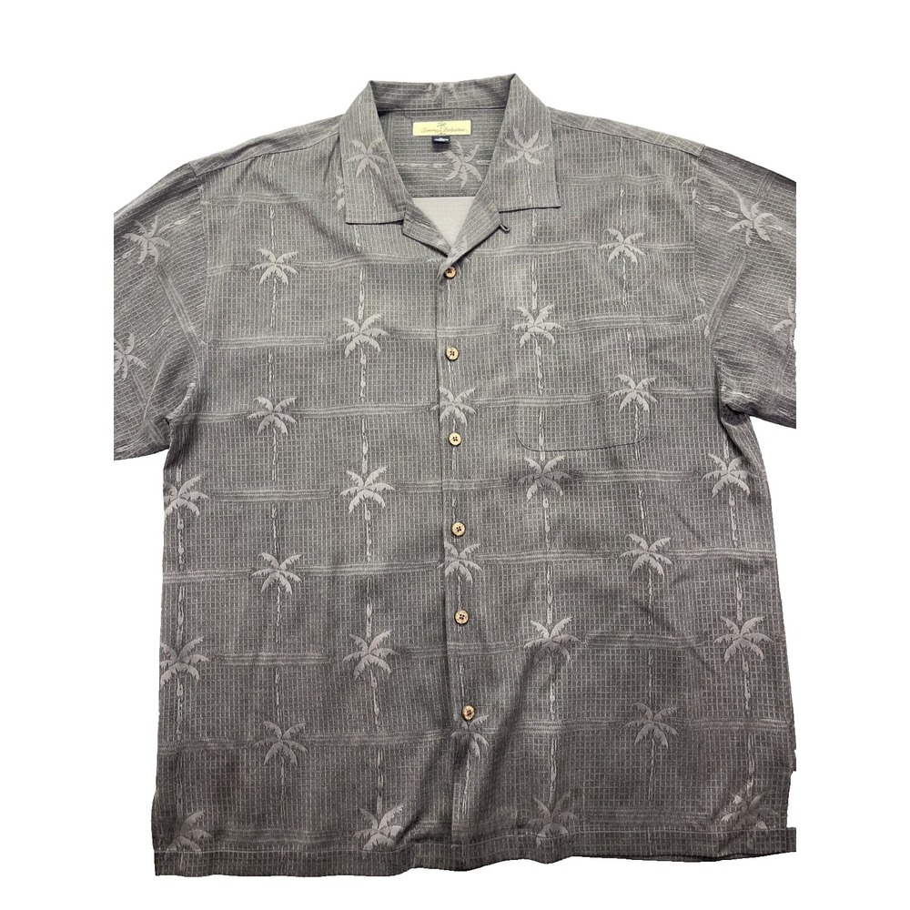 Tommy Bahama Button Up Short Sleeve 100% Silk Relax Fit Men's XL Gray Palm Trees